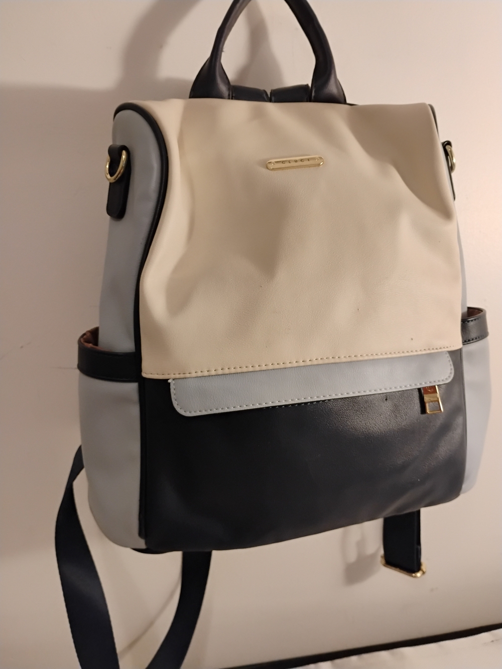 Three-Tone Faux Leather Backpack - Cream, Light Gray & Black